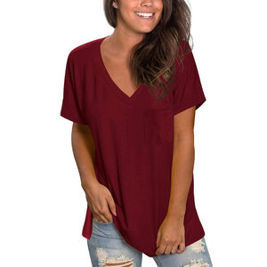 T-shirt décontracté pour femme, col en V, manches courtes, coupe ample, en jersey de coton noir, avec poche, à porter toute l'année - Product Image 2