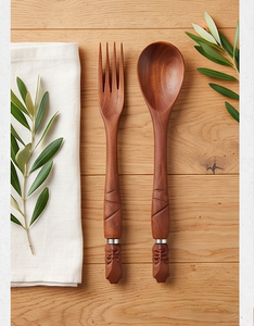 Modern Wooden Spoon And Fork Set Hand Polished Minimalist Design Perfect Reusable <b>Flatware</b> For Camping Use And Restaurant - Product Image 3