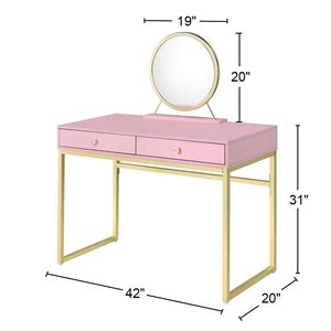 Toeletta Rosa e Oro a 2 Cassetti con Specchio e Vassoio Portagioie per Organizzazione e Conservazione del Trucco - Product Image 3