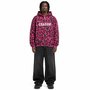 Sudadera con capucha de forro polar grueso con estampado de calavera de leopardo rosa, letras góticas personalizadas, OEM, oversize, para hombre, estilo urbano - Product Image 3