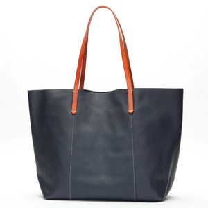 Bolso Tote de Cuero Genuino Azul con Asas Naranjas, Cierre Abierto, Estilo Minimalista para Uso Diario - Product Image 6