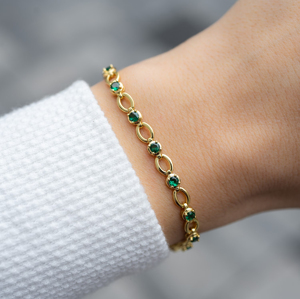 Pulsera de Cadena con Eslabones y Circonita Verde de 5mm, Chapada en Oro de 18K sobre Plata 925, Joyería Fina para Mujer, Uso Diario, Regalo - Product Image 1