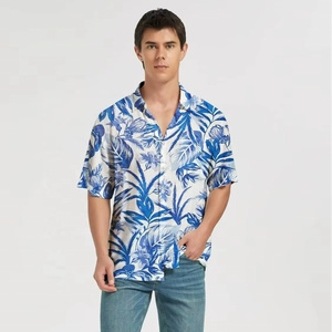 Chemises Aloha Hawaïennes pour Hommes à Motifs Personnalisés en Coton Imprimé, Polyester Respirant, Séchage Rapide, Bleu Été, Vêtements de Plage avec Boutons - Product Image 1