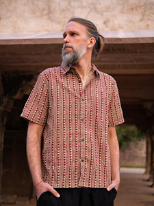 Men Hand-Block Printed Cotton <b>Shirt</b> Traditional Maroon and Beige Geometric Pattern Casual <b>Half</b>-Sleeve Summer Wear - Product Image 6