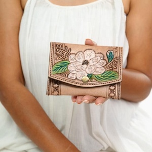 New Hand Tooled Leather <b>Wallet</b> With Key Ring Mini Keychain <b>Wallet</b> <b>Small</b> Sunflower Genuine Leather Western Coin Purse for Women's - Product Image 2