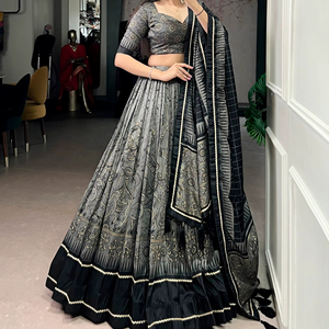 Conjunto de lehenga, blusa y dupatta de seda Tusser, ropa tradicional estampada, lista para usar. - Product Image 1