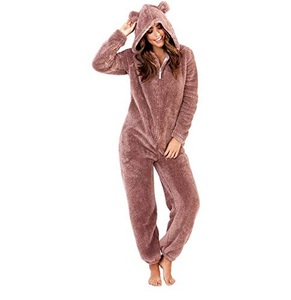 Cozy Fleece Hooded Onesie Full Length Zipper Closure Onesie <b>Women</b> Loungewear Winter <b>Pajamas</b> Soft Adult Sleepwear Onesie - Product Image 1