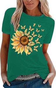 Camiseta de Algodón de Manga Corta para Mujer, Estilo Casual, Transpirable, con Estampado de Girasoles, Corte Ajustado, Retro, para Verano - Product Image 1