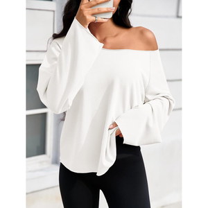 Women's <b>Off</b> <b>Shoulder</b> Long Sleeve Oversized <b>Sweatshirt</b> Solid Color Casual Pullover Autumn Wear Drop <b>Shoulder</b> Knitted Style - Product Image 2