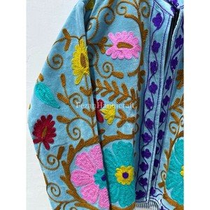 Sky Blue Velvet Suzani <b>Jacket</b> Floral Embroidery <b>Short</b> Unisex <b>Jacket</b> With Inside Cotton Lining Women's Casual Suzani <b>Jacket</b> - Product Image 3
