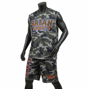 Ensemble court sans manches pour homme 100 % coton, motif camouflage, tissu en maille polyester premium, vert armée, logo personnalisé par sublimation, vêtements de sport - Product Image 6