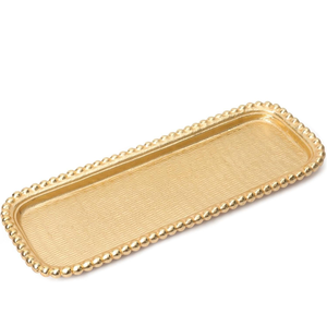 Luxury Hammered <b>Gold</b> Metal Platter Elegant Decorative <b>Serving</b> <b>Tray</b> Handcrafted Rectangular Beaded Edge New Tabletop Centerpiece - Product Image 5