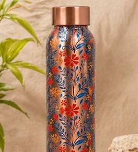 Bouteille d'eau de luxe en cuivre pur avec impression florale japonaise UV |   Bouteille réutilisable anti-fuite |   Vaisselle en cuivre de qualité supérieure à motifs floraux - Product Image 5