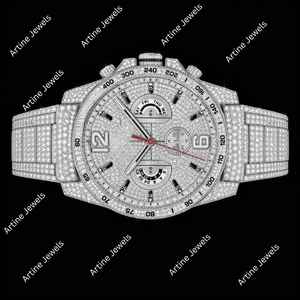 Reloj de hombre en tono plateado con incrustaciones de piedras brillantes, estilo cronógrafo, reloj de lujo para fiestas. - Product Image 2