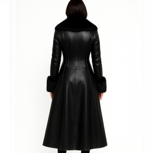 Women's Long Faux Leather Trench <b>Coat</b> With Fur Trim Elegant <b>Winter</b> Outerwear Black Full Sleeve <b>Thick</b> Warm Coating - Product Image 6