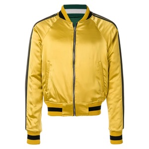 Blouson Bomber en Satin Jaune Homme Femme, Veste Universitaire Zippée avec Bandes Latérales Dorées, Unisexe, Streetwear, Blouson Personnalisé Brodé - Product Image 1