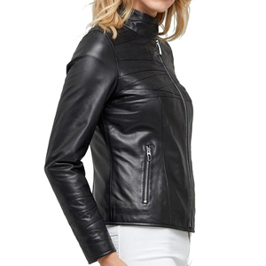 Blouson de moto en cuir de vache véritable tricoté pour femme, col montant zippé, respirant, hiver, grandes tailles, OEM, couleur unie - Product Image 1