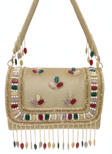 Pochette de luxe en velours ornée de perles faites à la main |   Élégantes pampilles multicolores en pierre avec fermeture éclair pour soirée |   Sac à main de soirée en gros - Product Image 2