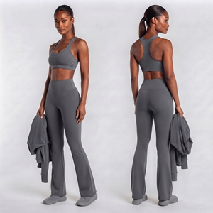 Ensemble de yoga 3 pièces pour femme : veste ajustée à col rabattu, soutien-gorge de sport et leggings évasés – Tenue de sport complète 3 pièces - Product Image 6