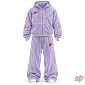 Ice Lavender Dream Custom 100% Cotton Velour <b>Velvet</b> Unisex <b>Tracksuit</b> 280 GSM Rhinestone Crystal Hoodie Pants OEM Streetwear - Product Image 1