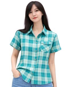 Custom Teal And White Plaid Womens Short Sleeve Button Up Shirt Casual Summer Lightweight Breathable <b>Checkered</b> <b>Top</b> With Pocket - Product Image 1