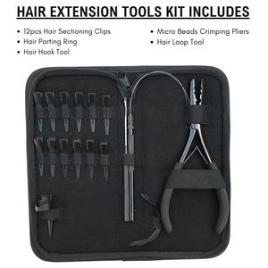 Kit d'outils professionnels pour extensions capillaires avec 12 pinces à cheveux, anneau de séparation, outil à crochet, pince à sertir pour micro-perles, outil à boucles pour cheveux - Product Image 2