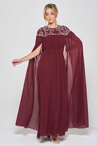 Modern Embellished <b>Sheer</b> Cape Sleeve Tea-Length Wrap Silhouette Evening Gown with Built-in <b>Bra</b> Embroidery & Beaded Decoration - Product Image 2