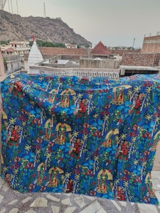 Blue Mukut Print Kantha <b>Quilt</b> Hand Stitched Queen Size Cotton <b>Bedspread</b> Reversible Bohemian Style All-Season Washable - Product Image 3