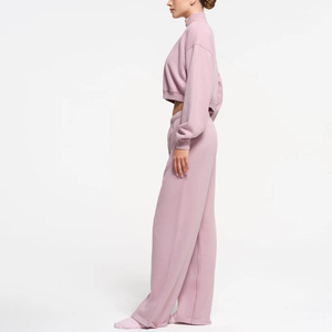 Lady's Medium Weight Soft Plush Fleece Cotton Relaxed Fit Drop Shoulder Cropped Half <b>Zip</b> Pullover Fleece Jogger Sweatpants Sets - Product Image 3