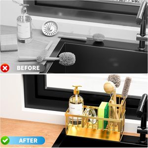 Portaspugne da cucina con supporto per spazzole, organizer da lavello in acciaio inox 304 antiruggine, accessorio da piano di lavoro color oro, soluzione salvaspazio per la cucina - Product Image 2