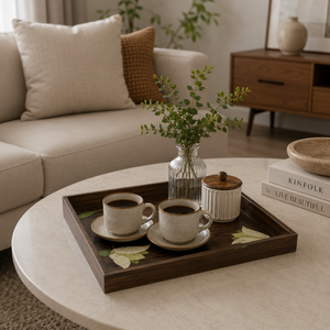 Plateau de service en bois de manguier de qualité supérieure avec incrustation florale |   Plateau carré décoratif fait main, élégant, pour la table de salle à manger ou comme accent de table centrale. - Product Image 2