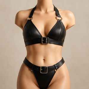 Ensemble bikini en cuir noir fait main pour femmes - Lingerie deux pièces à boucles pour festivals, tenues de club, séances photo, cadeau pour elle - Product Image 1