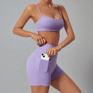 Ensemble short et soutien-gorge de yoga à compression à séchage rapide pour femme, respirant, extensible, avec design torsadé et fermeture à cordon - Product Image 6