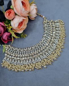 Heavy Ethnic CZ Studded Bridal Choker <b>Set</b> With Pearl Drop Accents Matching Earrings & Mangtika Antique Gold Plated <b>Jewellery</b> <b>Set</b> - Product Image 2
