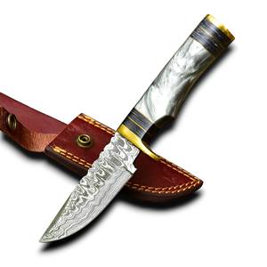 Couteau à lame fixe en acier Damas à bord rasoir, EDC, Skinner, pour camping et pêche, vente en gros, poignée personnalisable OEM, étui en cuir, faible MOQ - Product Image 1