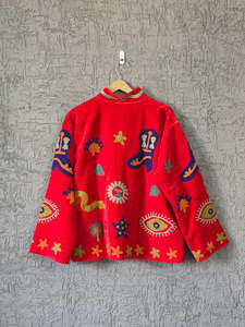Women's Free Size Red Suzani Embroidered <b>Jacket</b> Snake Heart <b>Star</b> Pattern Stand Collar Full Sleeve Factory Wholesale Outerwear - Product Image 2