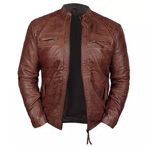 Unisex Genuine Leather <b>Jacket</b> Stand Collar Zipper Closure Solid Color Regular Sleeve Moto Biker Style Autumn Wear Front - Product Image 4