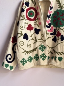 Cream <b>Corduroy</b> Embroidered Suzani <b>Jacket</b> | Folk Art Floral Quilted Bomber | Multi-Color Boho Suzani Style - Product Image 2