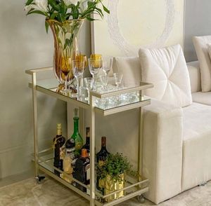 Elegant Gold Finish Iron Beverage Cart with Glass Shelves Rolling <b>Serving</b> <b>Trolley</b> Home Kitchen Dining Room Decorative Furniture - Product Image 1