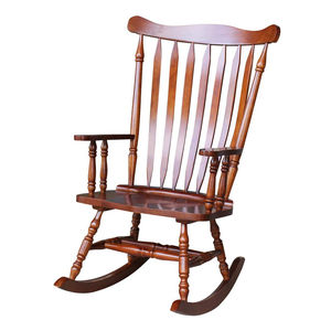 Fauteuil à bascule traditionnel en bois pour extérieur, à lattes, dossier haut, avec accoudoirs, couleur marron clair, mobilier de véranda - Product Image 1