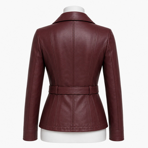Chaqueta de Motocicleta de Cuero Genuino para Mujer, Color Sólido, Cierre de Cremallera, Cinturón Ajustable, Manga Larga, Estilo Motero, para Otoño - Product Image 5