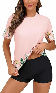 Nouveaux ensembles de maillots de bain tendance pour femmes avec manches courtes intégrées, protection UPF 50, deux pièces, haut et short de bain, logo personnalisé - Product Image 2
