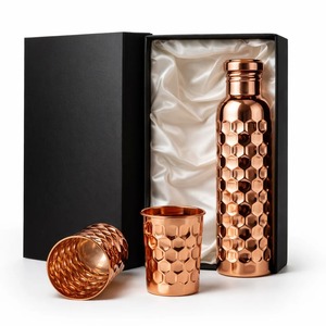 Handcrafted Indian Annular Ribbed Pure Copper Water <b>Bottle</b> Vintage <b>Brushed</b> Surface Natural Health Benefits Vessel - Product Image 5