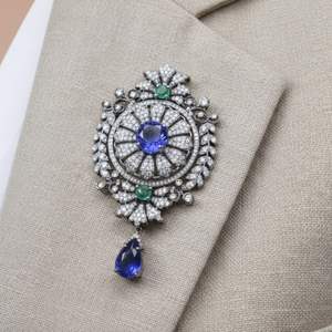 Gold-Plated Tanzanite Emerald and Diamond Unisex Brooches aka Necklaces - Product Image 3