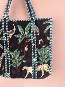 Sac fourre-tout en coton matelassé noir bohème avec imprimé animalier, sac de shopping ouvert décontracté d'été pour femmes - Product Image 4