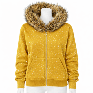 Sudadera con capucha de piel sintética estilo americano para hombre 2026, con cremallera y pedrería amarilla desgastada, ideal para invierno - Product Image 3