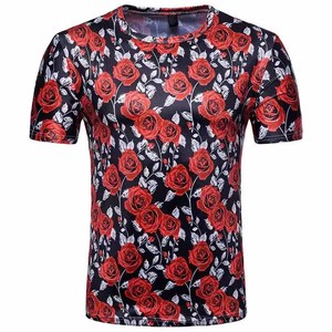 เสื้อยืดแขนสั้นพิมพ์ลายดอกไม้สำหรับผู้ชาย คอกลม ทรงเข้ารูป สไตล์ลำลอง ลายกุหลาบแดง ผ้าโพลีเอสเตอร์ทอ ระบายอากาศได้ดี - Product Image 1