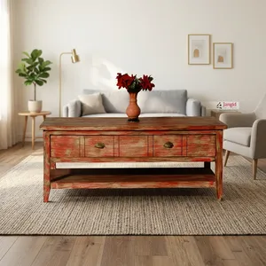 <b>Vintage</b> Style Rustic Solid Wood Living Room Center Coffee <b>Table</b> with Storage Drawers Bottom Shelf Handcrafted For Hotel Farmhous - Product Image 2