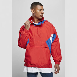 <b>Men's</b> Red Color Block Windbreaker <b>Jacket</b> <b>Half</b> <b>Zip</b> Hooded Sporty Lightweight Polyester Front Pocket Autumn Casual Wear - Product Image 1