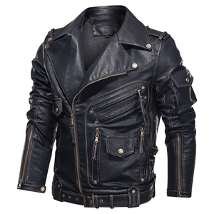 Blousons en cuir pour moto au design personnalisé, zippés, simples, décontractés pour l'extérieur, coupe-vent d'hiver, vestes en cuir tendance - Product Image 4